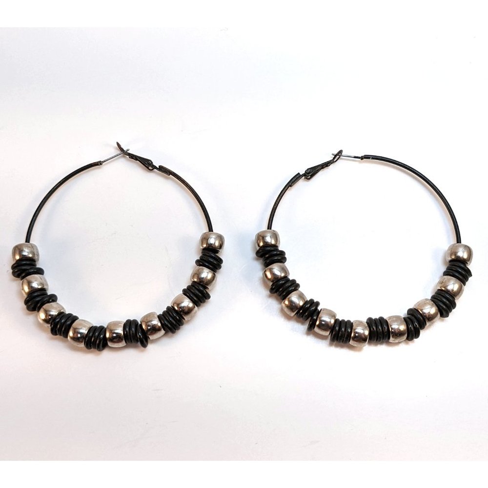 Vintage 80s 90s Big Beaded Hoop Earrings Silver Black Statement Art Deco Mod